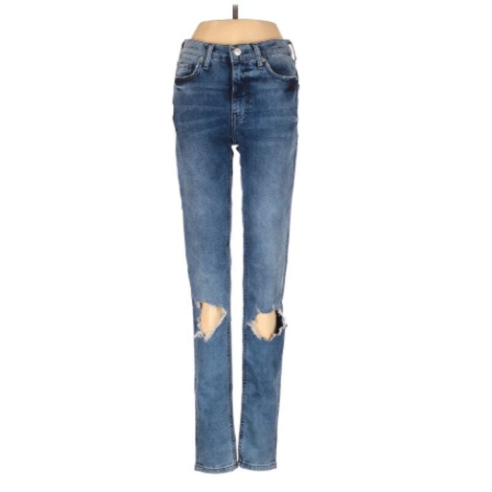 Free People Skinny Jeans Size 25L‎ Blue Denim Destroyed Knees Mid Rise Tall